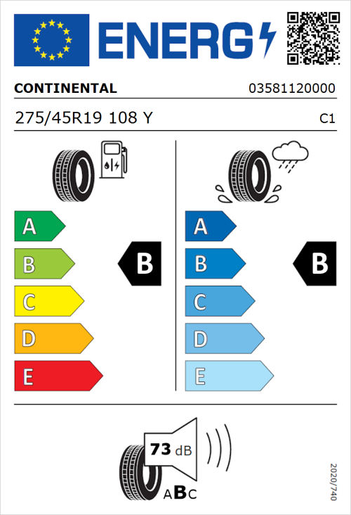 Tyre Label for Continental PremiumContact 6 275/45R19 108Y