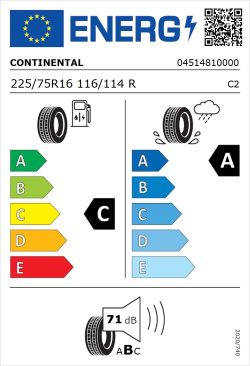 Tyre Label for Continental VanContact Ultra Camper 225/75R16 116/114R
